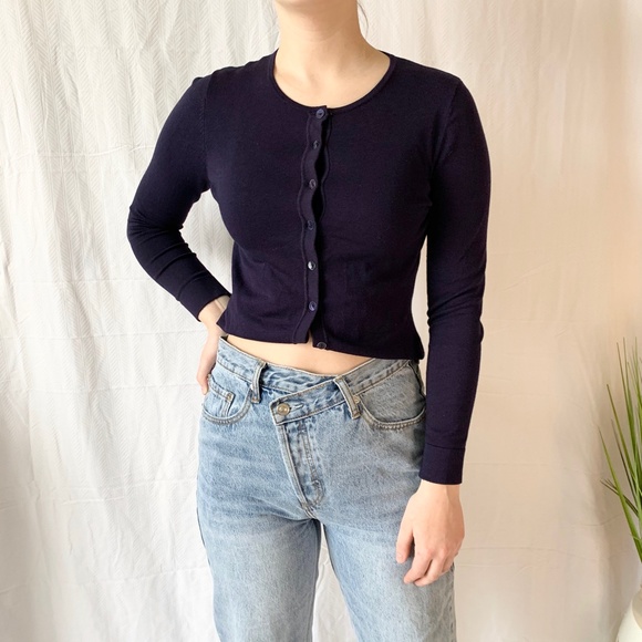 August Silk Button Up Cardigan Navy Petite Small - Picture 3 of 4